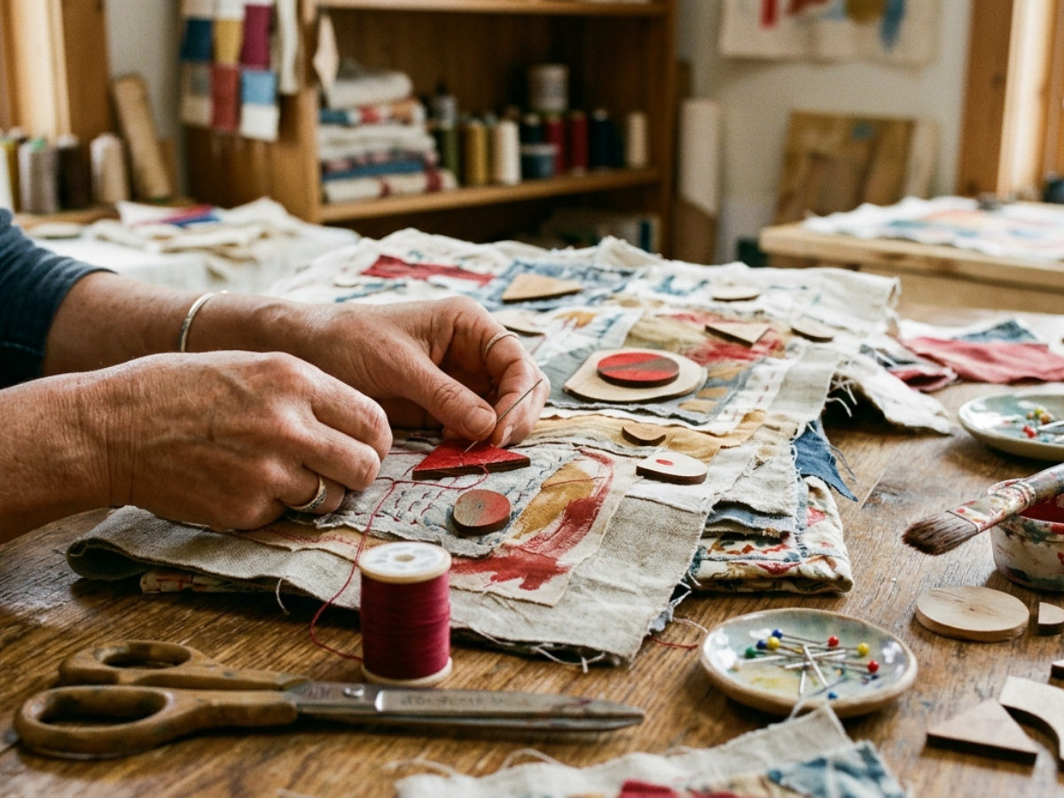 A closer look at mixed-media textile work: fabric, stitching and pigment on a studio table