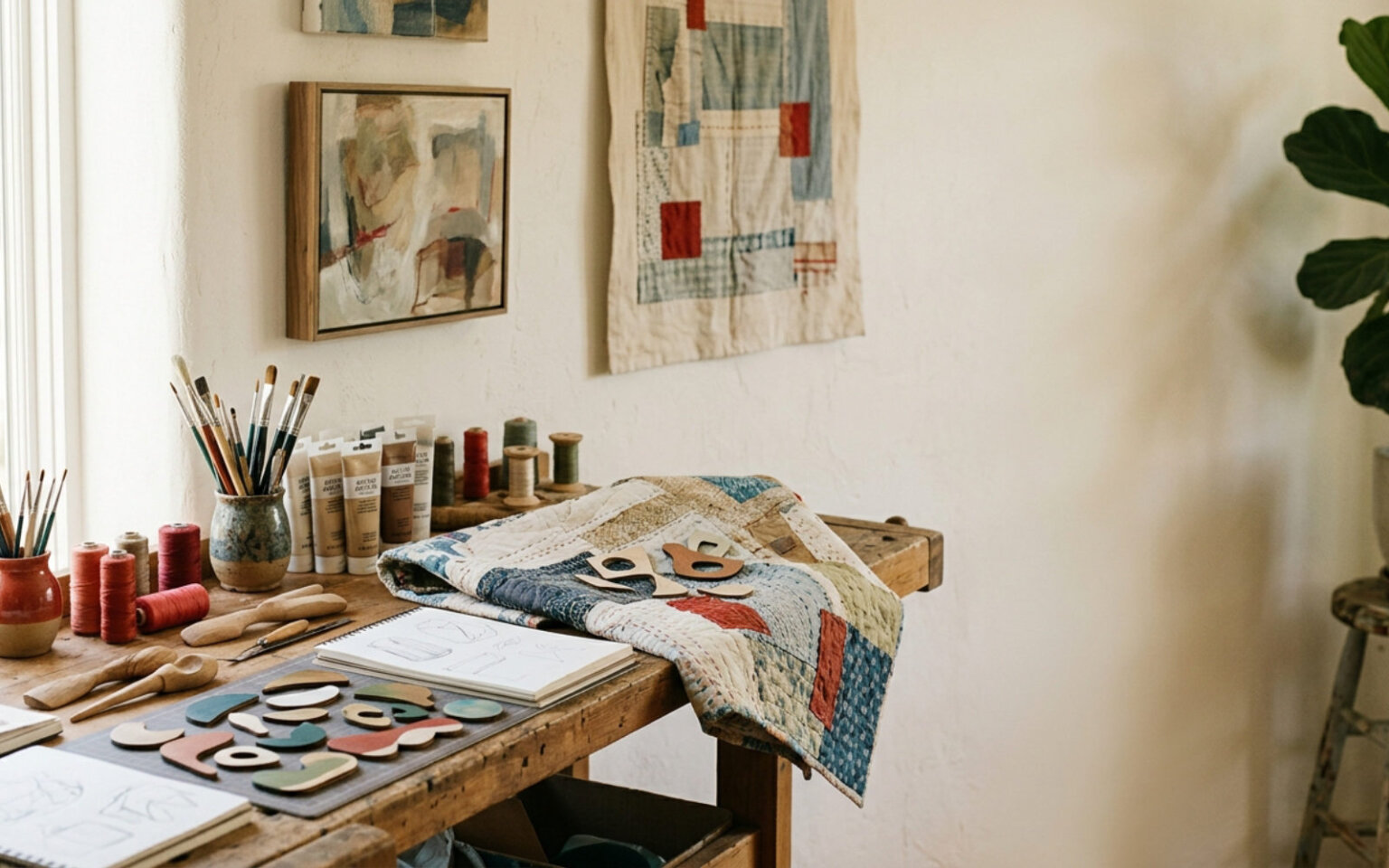 Contemporary visual art — mixed-media textile art, quilts, wood cutouts and painting — Josie L Roebuck